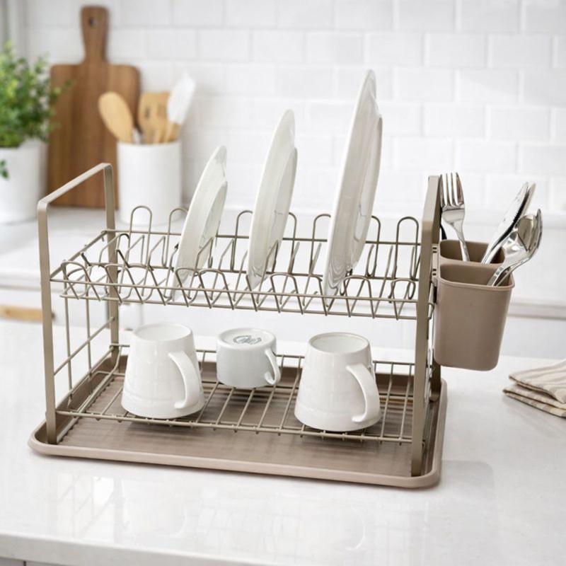 Ankor Διώροφη Μεταλλική Πιατοθήκη (48x32x29) Taupe – Με Δίσκο & Κουταλοθήκη