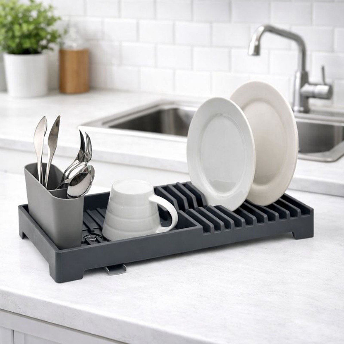 Ankor Πλαστική Πιατοθήκη (19x46x13.5) Γκρι – Με Στόμιο Αποστράγγισης & Κουταλοθήκη