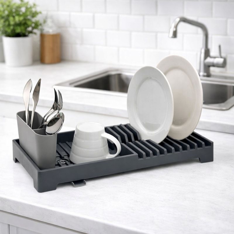 Ankor Πλαστική Πιατοθήκη (19x46x13.5) Γκρι – Με Στόμιο Αποστράγγισης & Κουταλοθήκη