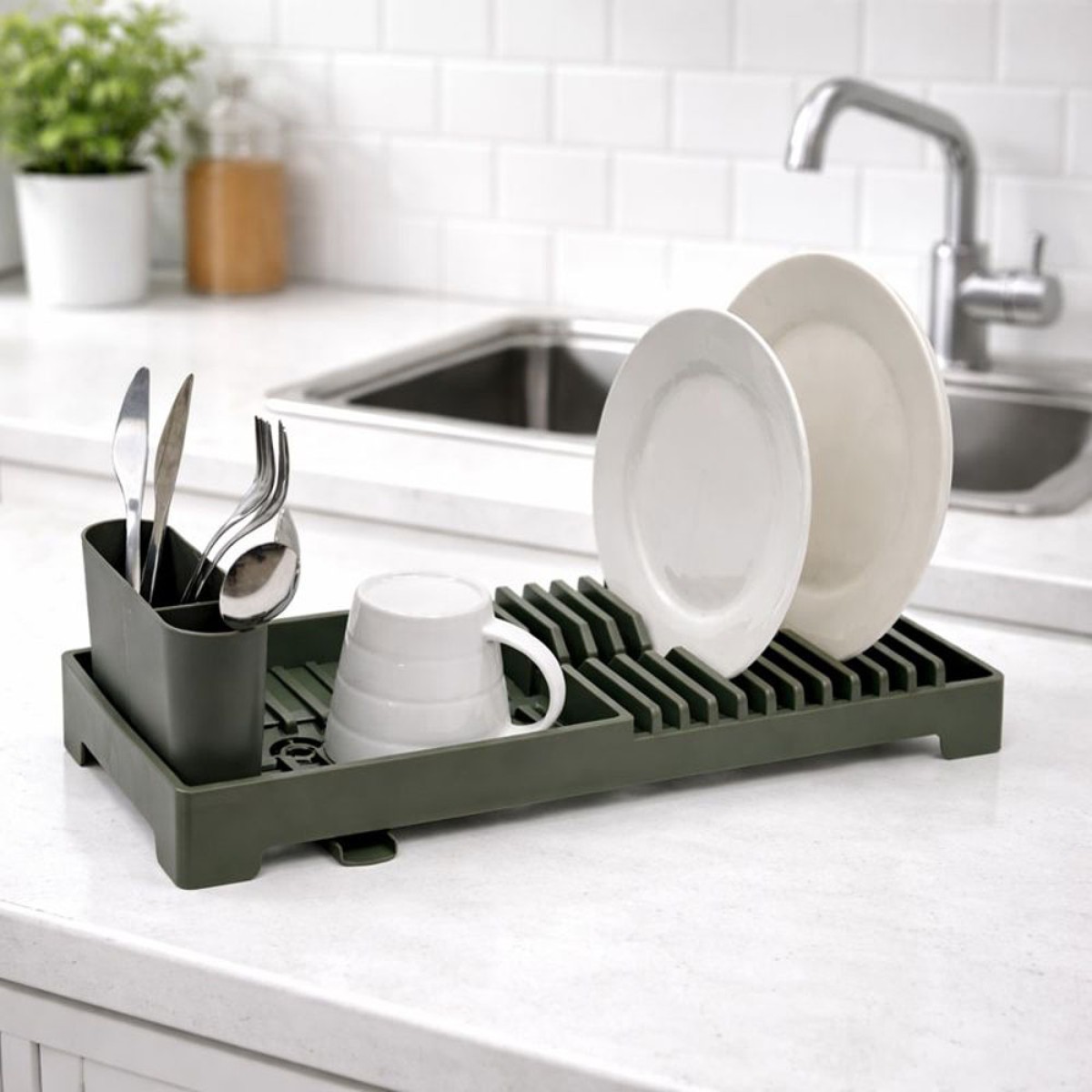 Ankor Πλαστική Πιατοθήκη (19x46x13.5) Λαδί – Με Στόμιο Αποστράγγισης & Κουταλοθήκη