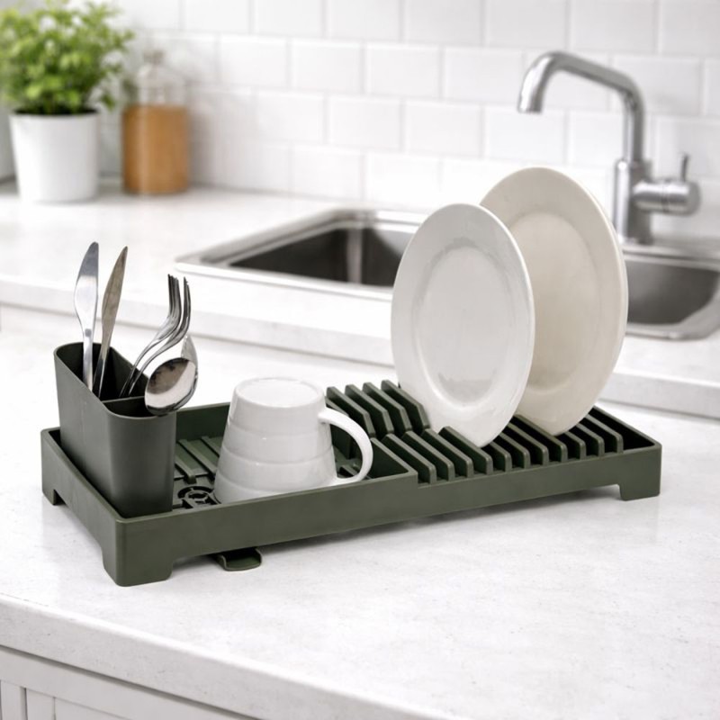 Ankor Πλαστική Πιατοθήκη (19x46x13.5) Λαδί – Με Στόμιο Αποστράγγισης & Κουταλοθήκη