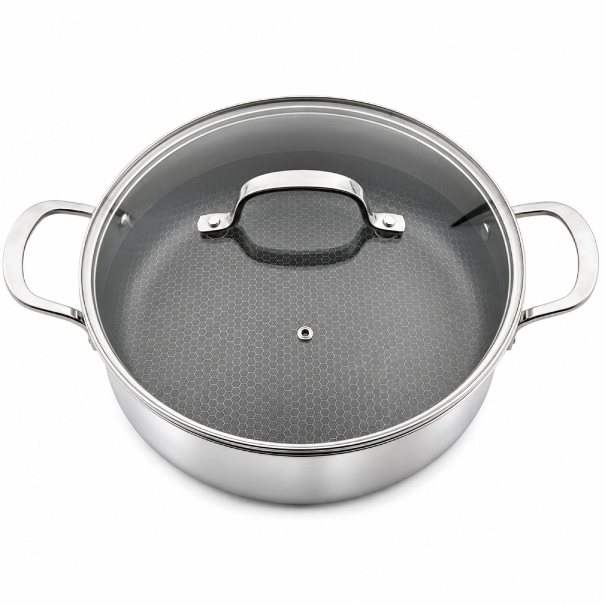 Ankor Dmond Tri-Ply Ρηχή Ανοξείδωτη Υβριδική Κατσαρόλα 28cm με Αντικολλητικό Εξάγωνο Laser Μοτίβο & Γυάλινο Καπάκι