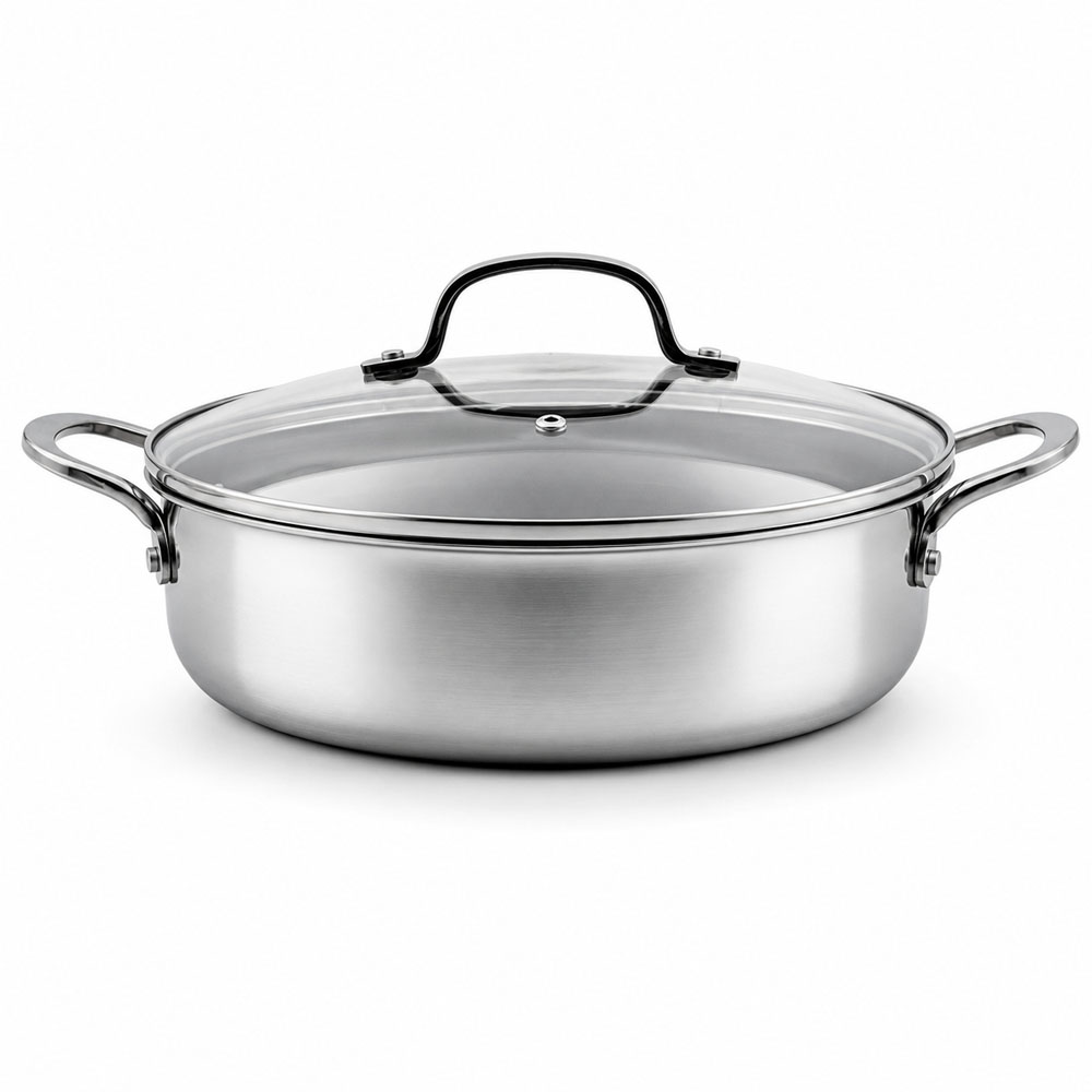 Ankor Dmond Tri-Ply Ρηχή Ανοξείδωτη Υβριδική Κατσαρόλα 28cm με Αντικολλητικό Εξάγωνο Laser Μοτίβο & Γυάλινο Καπάκι