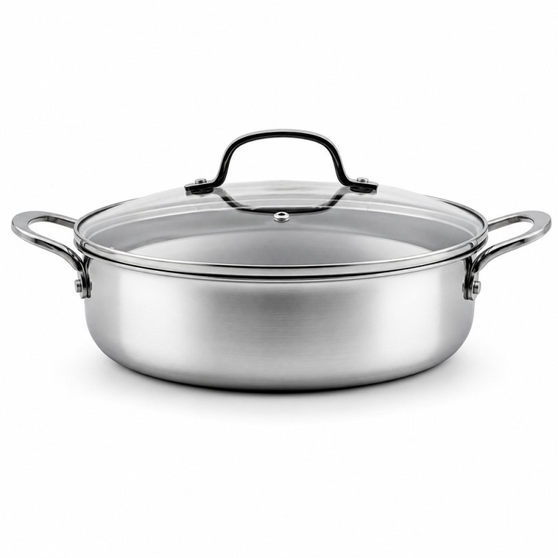 Ankor Dmond Tri-Ply Ρηχή Ανοξείδωτη Υβριδική Κατσαρόλα 28cm με Αντικολλητικό Εξάγωνο Laser Μοτίβο & Γυάλινο Καπάκι