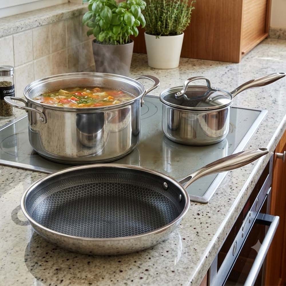 Ankor Dmond Tri-Ply Master Σετ 3 Τεμαχίων: Τηγάνι 26cm, Κατσαρόλα 26cm & Γαλατιέρα 18cm με Αντικολλητικό Laser Μοτίβο