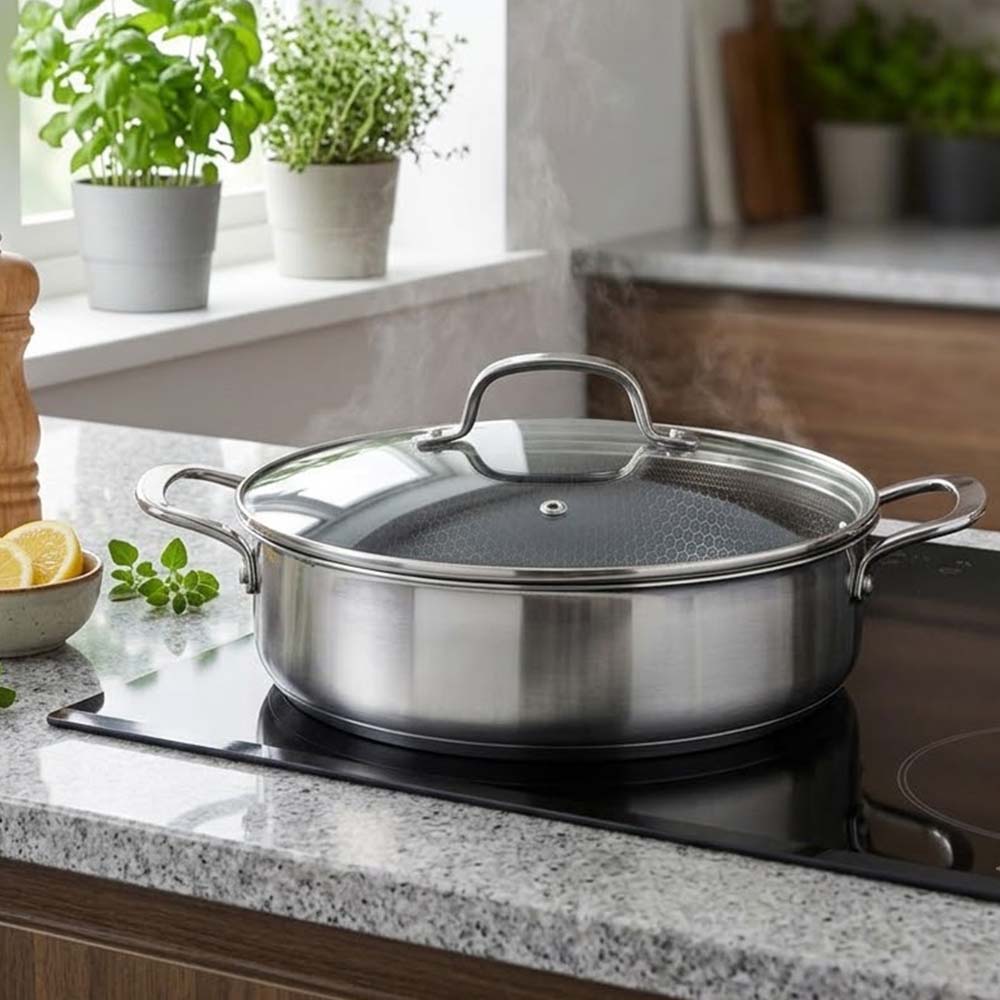 Ankor Dmond Tri-Ply Ρηχή Ανοξείδωτη Υβριδική Κατσαρόλα 28cm με Αντικολλητικό Εξάγωνο Laser Μοτίβο & Γυάλινο Καπάκι
