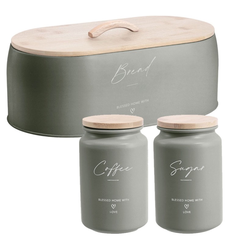 Ankor Olive Σετ Ψωμιέρα & 2 Βαζάκια Coffee – Sugar Μεταλλικά με Καπάκι Bamboo