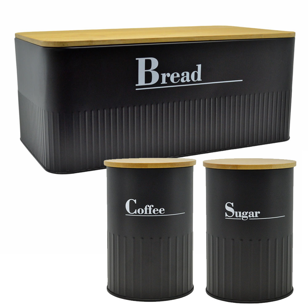 Ankor Black Σετ Ψωμιέρα Μεταλλική & Δοχεία Coffee – Sugar με Καπάκια Bamboo