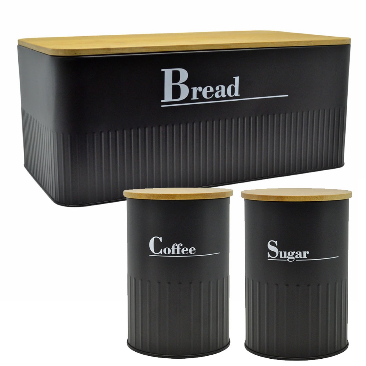 Ankor Black Σετ Ψωμιέρα Μεταλλική & Δοχεία Coffee – Sugar με Καπάκια Bamboo