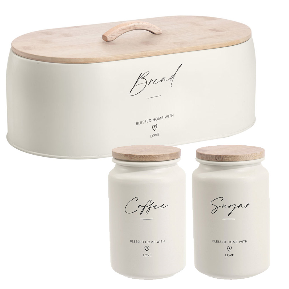 Ankor Ecru Σετ Ψωμιέρα & 2 Βαζάκια Coffee – Sugar Μεταλλικά με Καπάκι Bamboo