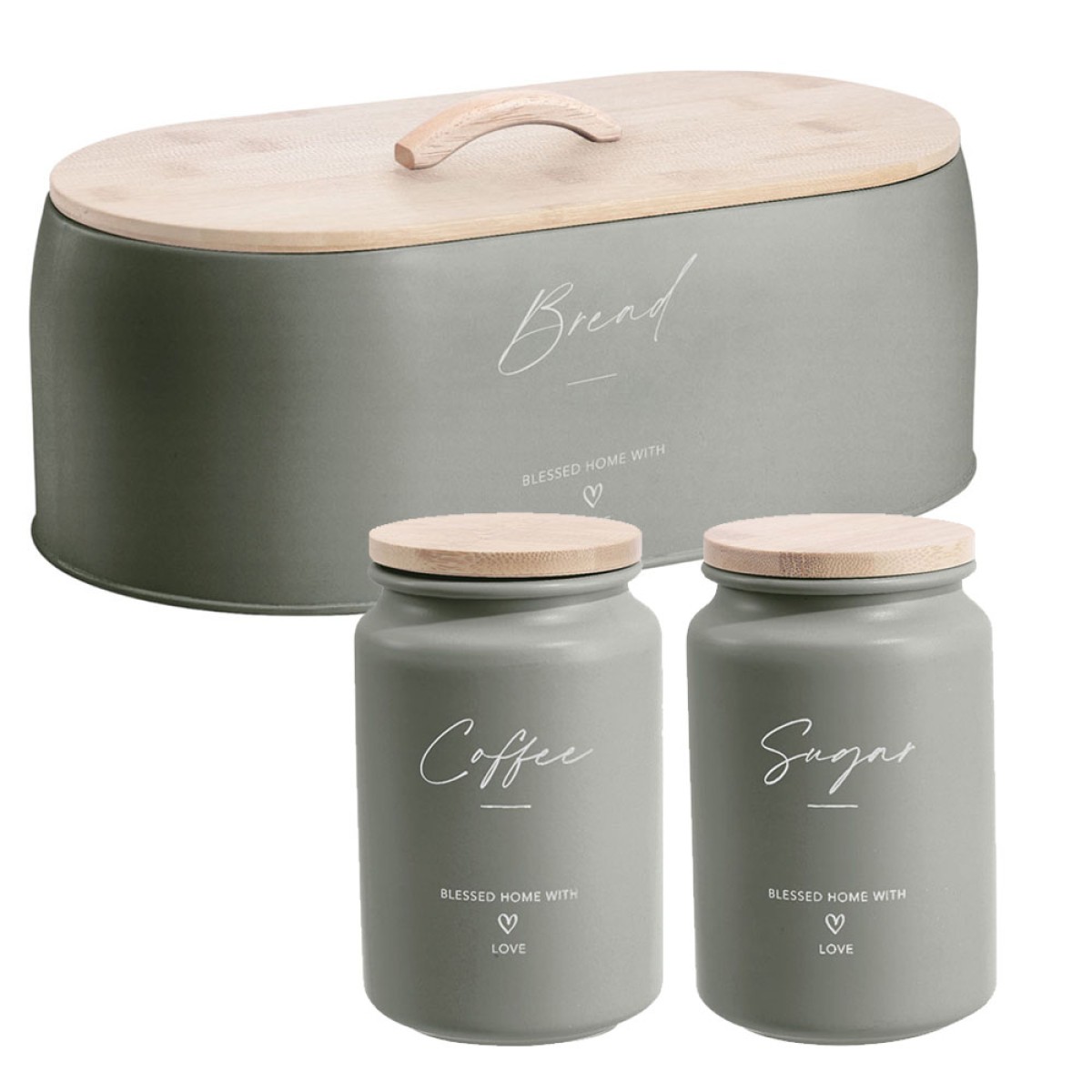 Ankor Olive Σετ Ψωμιέρα & 2 Βαζάκια Coffee – Sugar Μεταλλικά με Καπάκι Bamboo