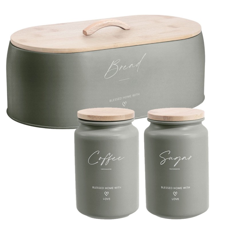 Ankor Olive Σετ Ψωμιέρα & 2 Βαζάκια Coffee – Sugar Μεταλλικά με Καπάκι Bamboo