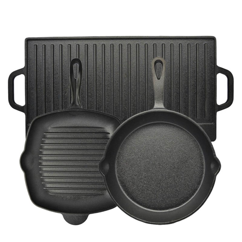 Ankor Premium Σετ Μαντεμένια Σκεύη 3τμχ – Πλάκα Διπλής Όψης, Τηγάνι Ν.30 & Γκριλιέρα Ν.28