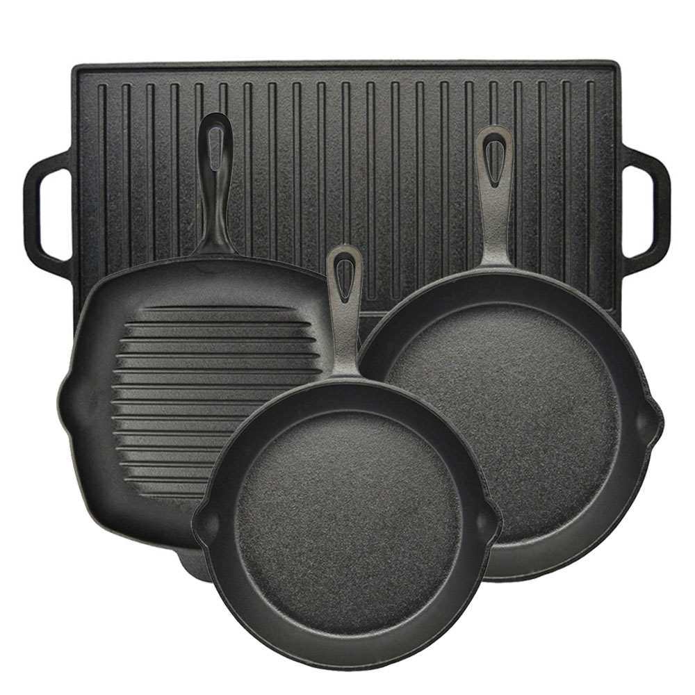 Ankor Premium Σετ Μαντεμένια Σκεύη 4τμχ: Πλάκα Διπλής Όψης, Γκριλιέρα & 2 Τηγάνια