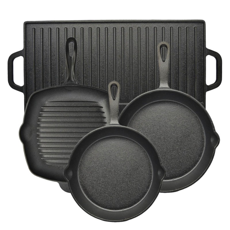 Ankor Premium Σετ Μαντεμένια Σκεύη 4τμχ: Πλάκα Διπλής Όψης, Γκριλιέρα & 2 Τηγάνια