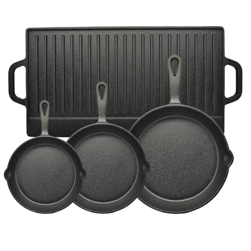 Ankor Premium Σετ Μαντεμένια Σκεύη 4τμχ – Πλάκα Διπλής Όψης, Τηγάνι Ν.16, Τηγάνι Ν.20 & Τηγάνι Ν.26