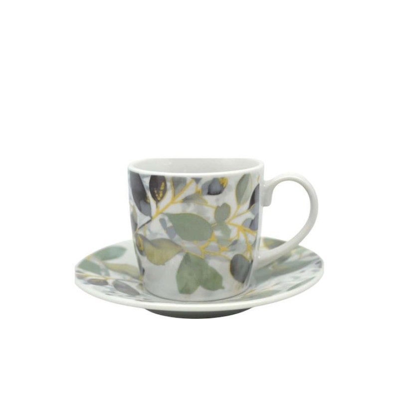 Ankor Σετ 6 Φλιτζάνια Καφέ Πορσελάνης με Πιατάκια Πράσινα 110ml 