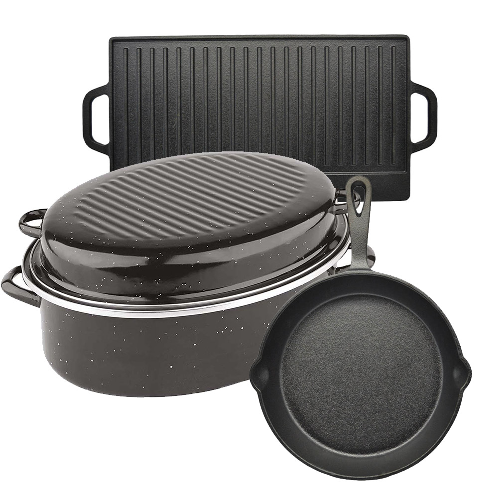 Premium Σετ 3 Σκεύη Μαγειρικής - Γάστρα Ν.42 Εμαγιέ Αντικολλητική, Μαντεμένια Πλάκα Διπλής Όψης & Μαντεμένιο Τηγάνι Ν.26