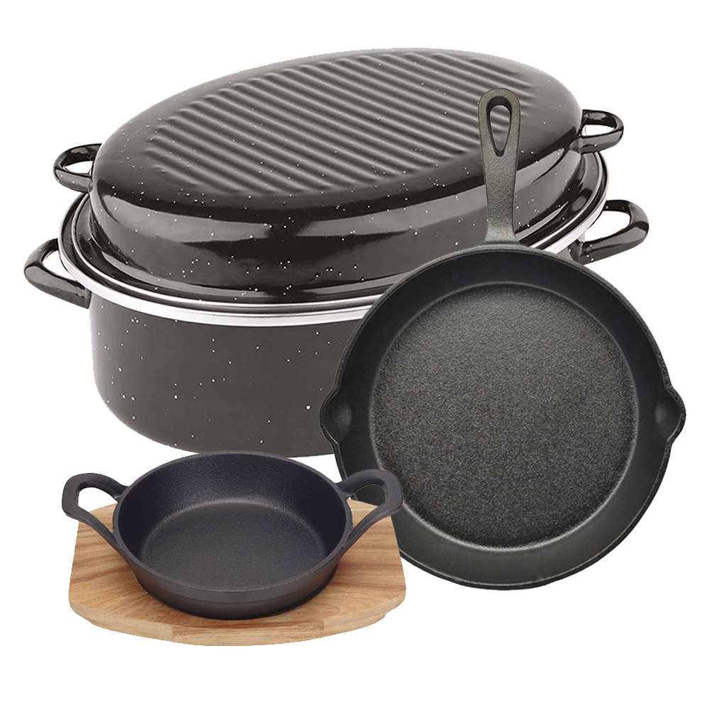 Premium Σετ 3 Σκεύη Μαγειρικής - Γάστρα Ν.42 Εμαγιέ Αντικολλητική, Μαντεμένιο Σαγανάκι Ν.18 & Μαντεμένιο Τηγάνι Ν.26