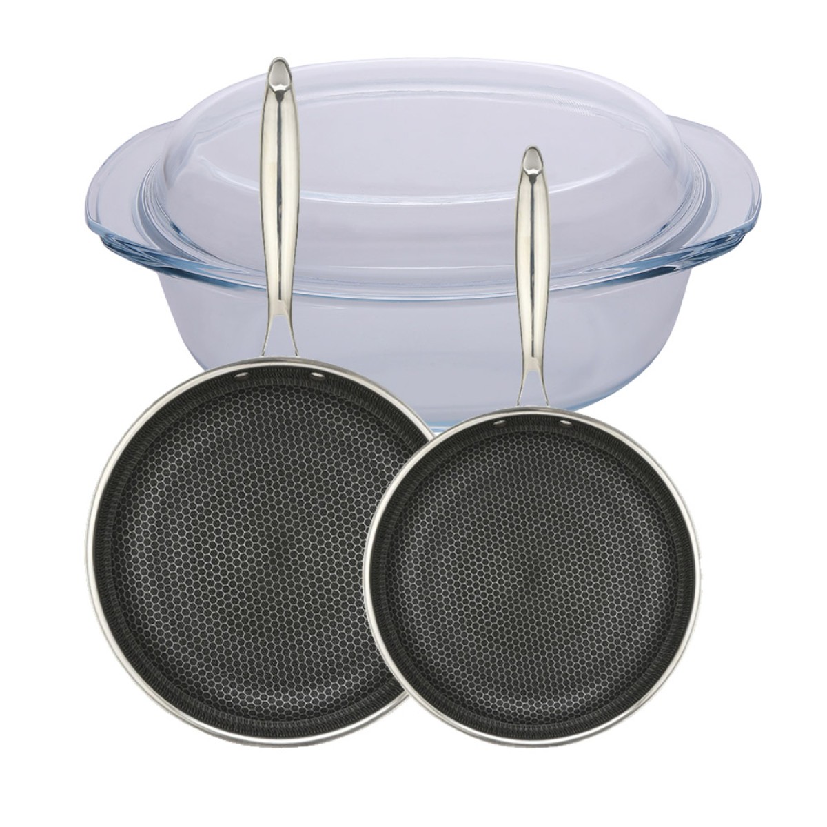 Premium Σετ 3 Σκεύη Μαγειρικής - Πυρίμαχη Γάστρα (3.5lt), Τηγάνια Ν.24 & Ν.28 Ανοξείδωτα με Αντικολλητική Επίστρωση