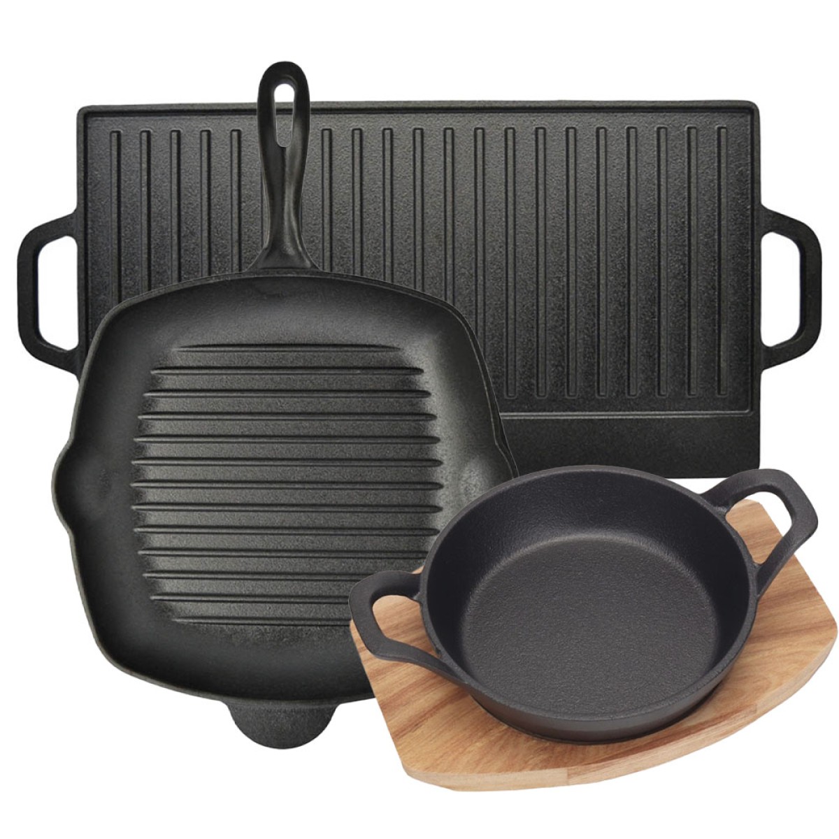 Ankor Premium Σετ Μαντεμένια Σκεύη 3τμχ – Πλάκα Διπλής Όψης, Γκριλιέρα N.28 & Σαγανάκι Ν.18