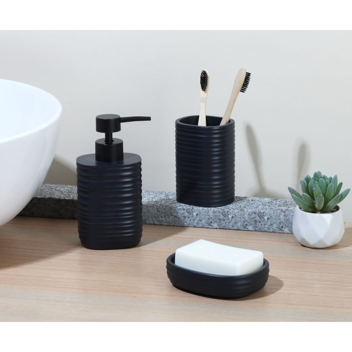 Ankor Dark Grey Δοχείο Κρεμοσάπουνου (8.1x8.1x16.9) Ριγέ Πολυεστερικό