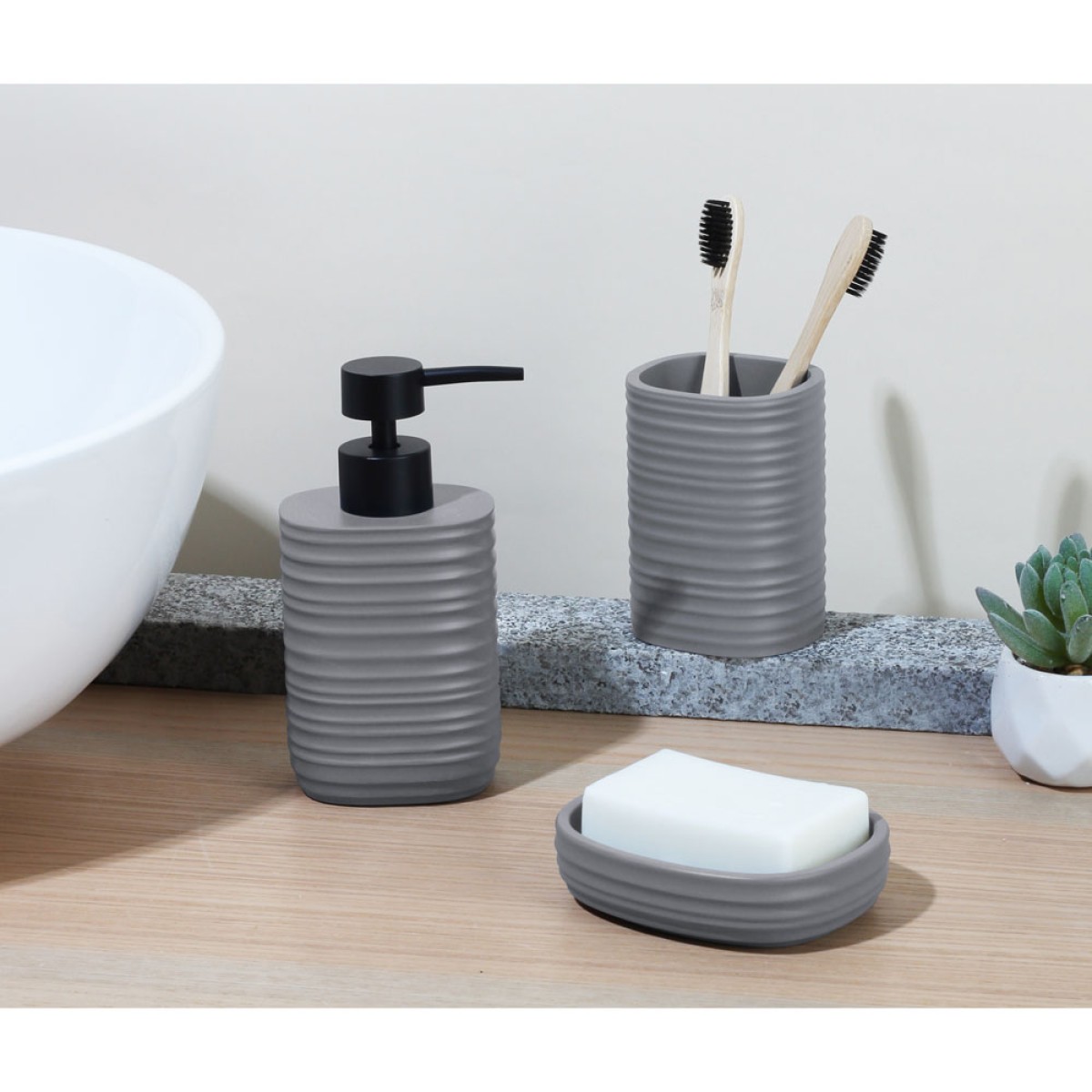 Ankor Grey Δοχείο Κρεμοσάπουνου (8.1x8.1x16.9) Ριγέ Πολυεστερικό