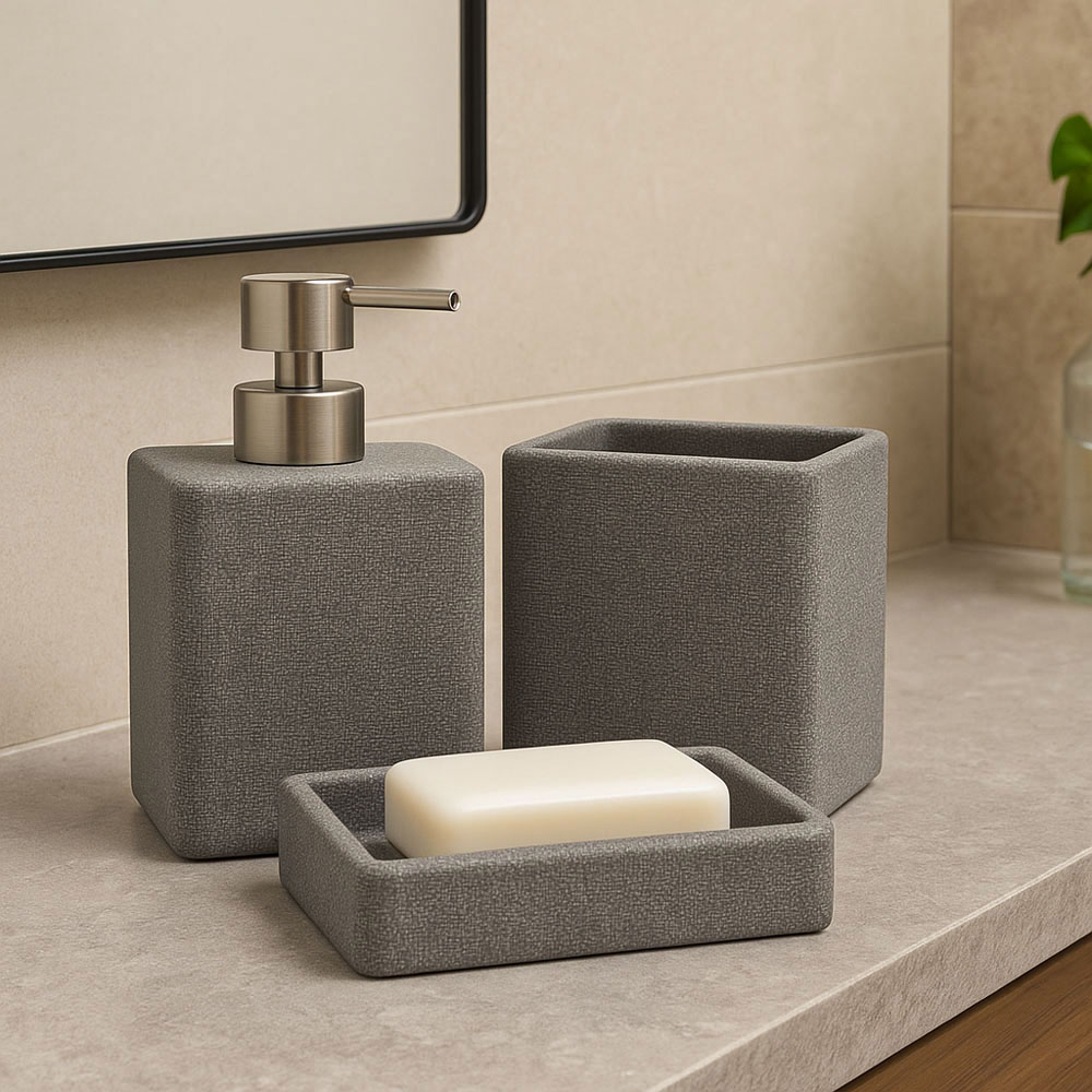 Ankor Grey Σετ Μπάνιου 3τμχ με Σαγρέ Υφή – Dispenser, Ποτηροθήκη & Σαπουνοθήκη