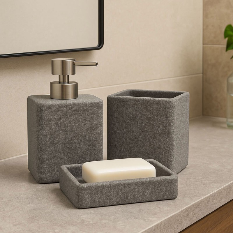 Ankor Grey Σετ Μπάνιου 3τμχ με Σαγρέ Υφή – Dispenser, Ποτηροθήκη & Σαπουνοθήκη