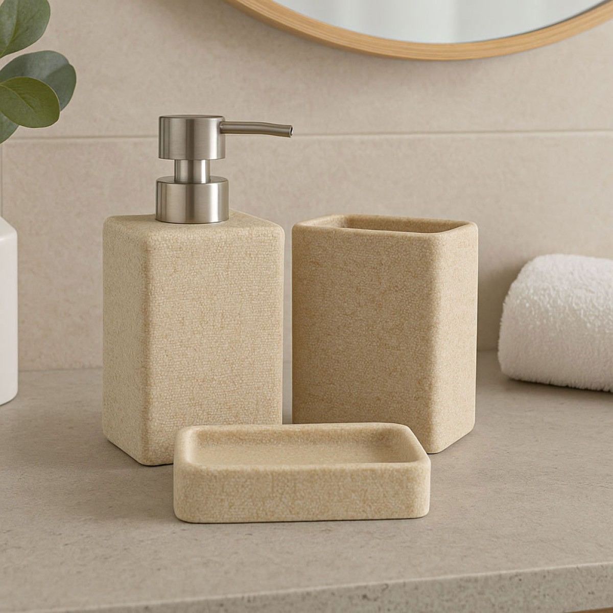 Ankor Beige Σετ Μπάνιου 3τμχ με Σαγρέ Υφή – Dispenser, Ποτηροθήκη & Σαπουνοθήκη