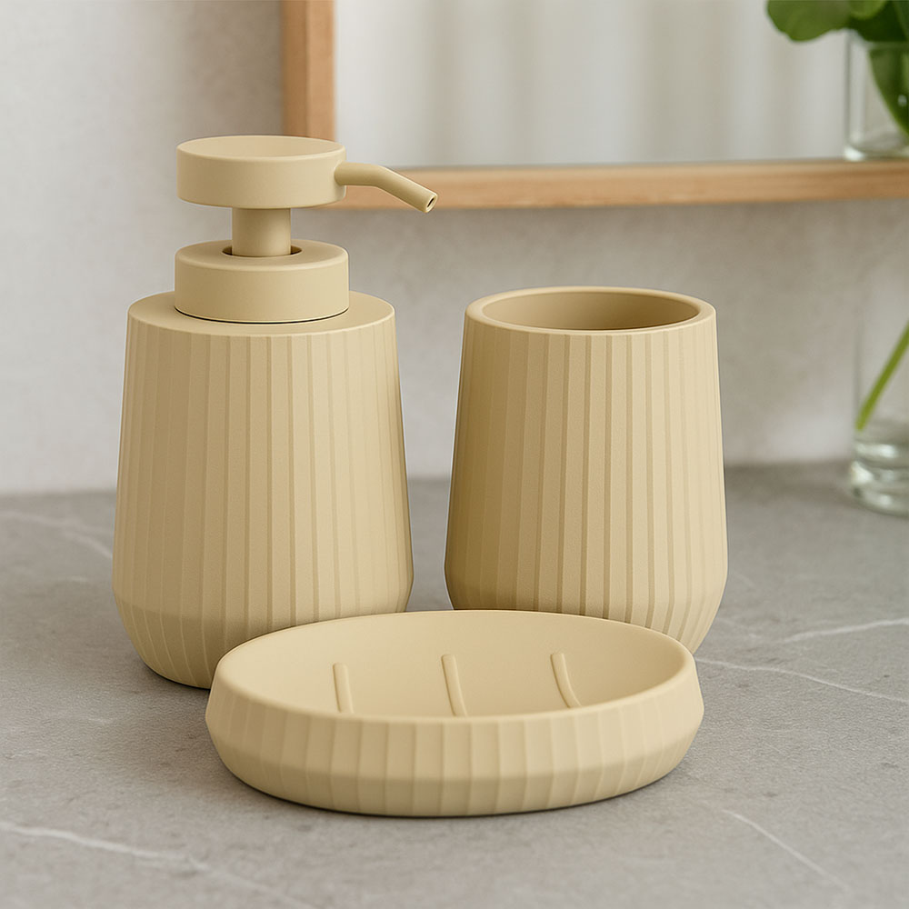 Stripes Beige Σετ Αξεσουάρ Νιπτήρα 3 Τεμαχίων: Δοχείο Κρεμοσάπουνου, Ποτηροθήκη & Σαπουνοθήκη από Πολυεστερικό Υλικό με Κάθετη Ριγωτή Διακόσμηση