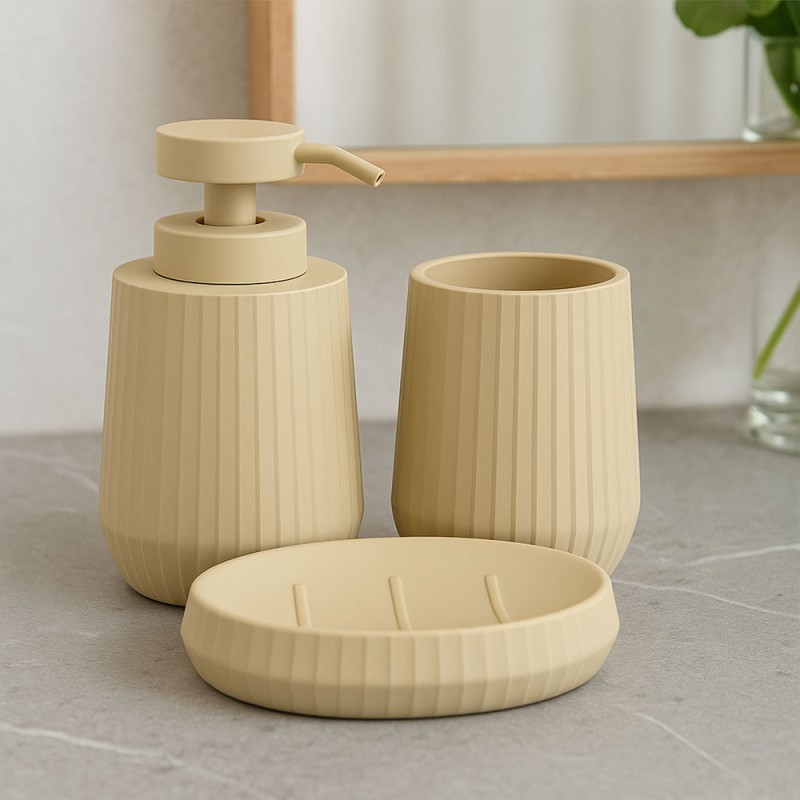 Stripes Beige Σετ Αξεσουάρ Νιπτήρα 3 Τεμαχίων: Δοχείο Κρεμοσάπουνου, Ποτηροθήκη & Σαπουνοθήκη από Πολυεστερικό Υλικό με Κάθετη Ριγωτή Διακόσμηση