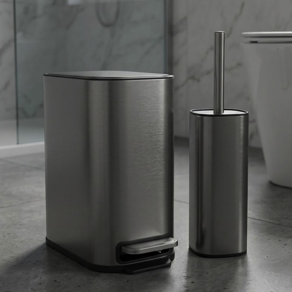 Σετ Κάδου Slim 5Lt & Πιγκάλ Ανοξείδωτο Soft Close Σκούρο Ασημί - Συλλογή Ankor Lux