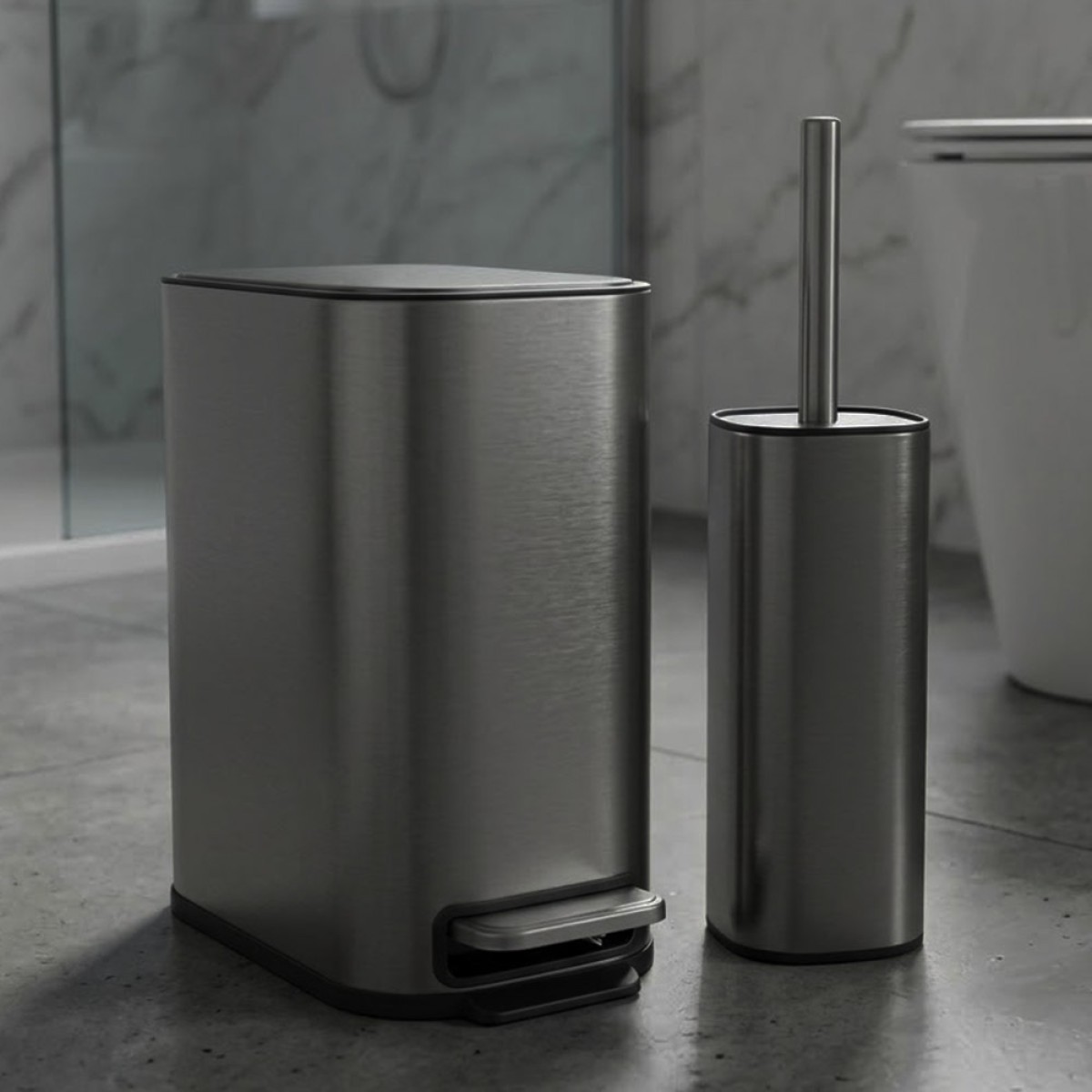 Σετ Κάδου Slim 5Lt & Πιγκάλ Ανοξείδωτο Soft Close Σκούρο Ασημί - Συλλογή Ankor Lux