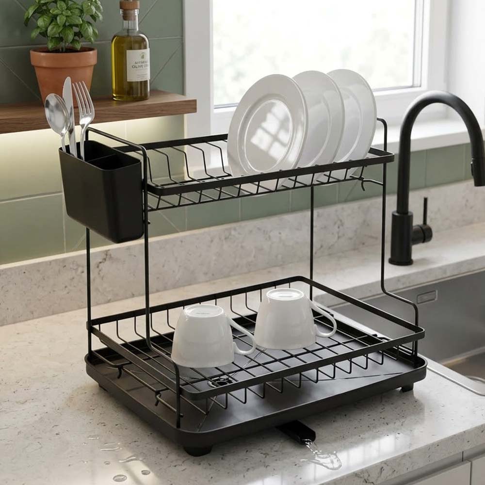 Ankor Black Διώροφη Μεταλλική Πιατοθήκη (46.3x30x38.3) με Δίσκο Αποστράγγισης & Κουταλοθήκη 