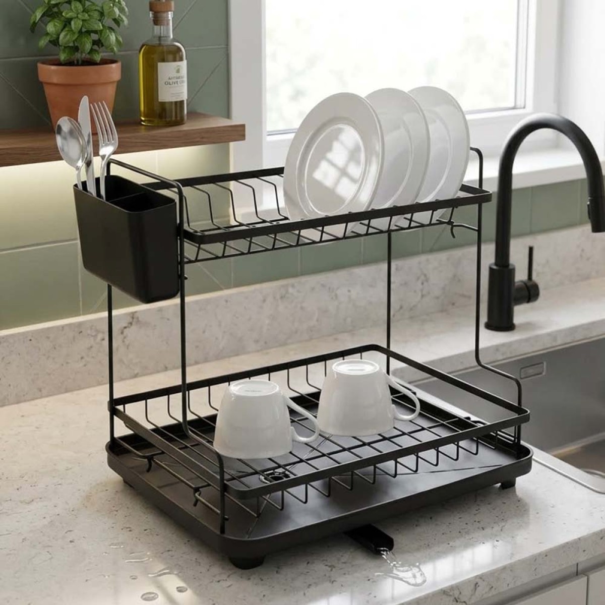 Ankor Black Διώροφη Μεταλλική Πιατοθήκη (46.3x30x38.3) με Δίσκο Αποστράγγισης & Κουταλοθήκη 