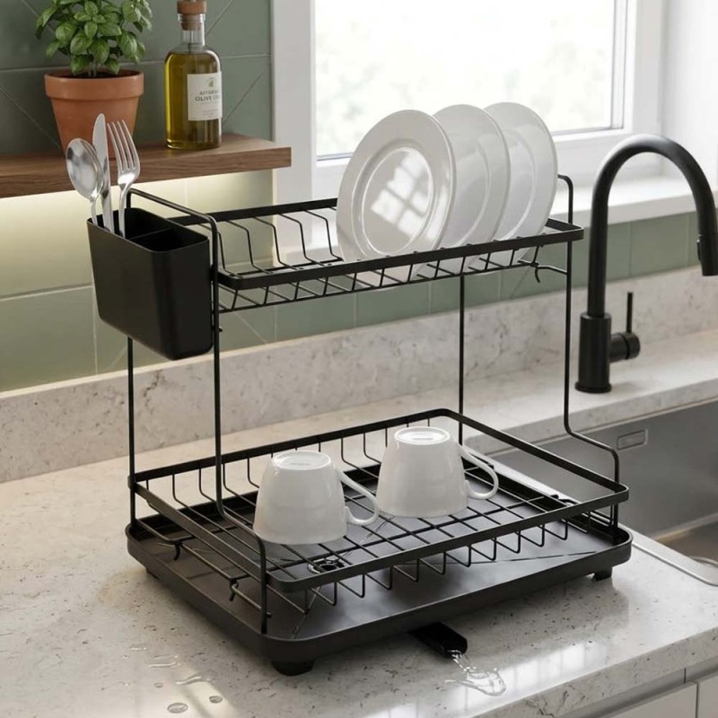 Ankor Black Διώροφη Μεταλλική Πιατοθήκη (46.3x30x38.3) με Δίσκο Αποστράγγισης & Κουταλοθήκη 