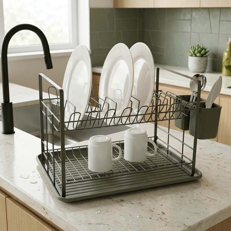 Ankor Διώροφη Μεταλλική Πιατοθήκη (48x32x29) Olive – Με Δίσκο & Κουταλοθήκη