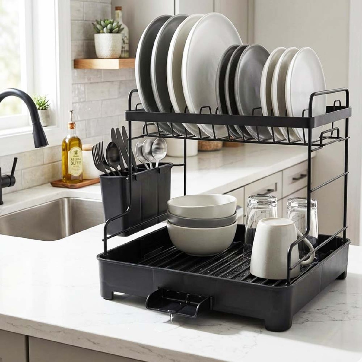 Ankor Black Διώροφη Μεταλλική Πιατοθήκη (46.3x30x38.3) με Δίσκο Αποστράγγισης & Κουταλοθήκη 