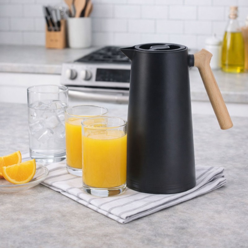 Ankor Black Κανάτα Θερμός 1lt με Λαβή Όψη Ξύλου