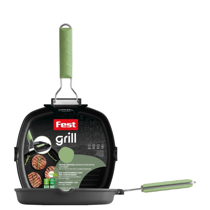 Fest Grill Αντικολλητική Ψηστιέρα Ν.24 με Ραβδώσεις, Αναδιπλούμενη Λαβή & Επαγωγικό Βαρύ Πάτο