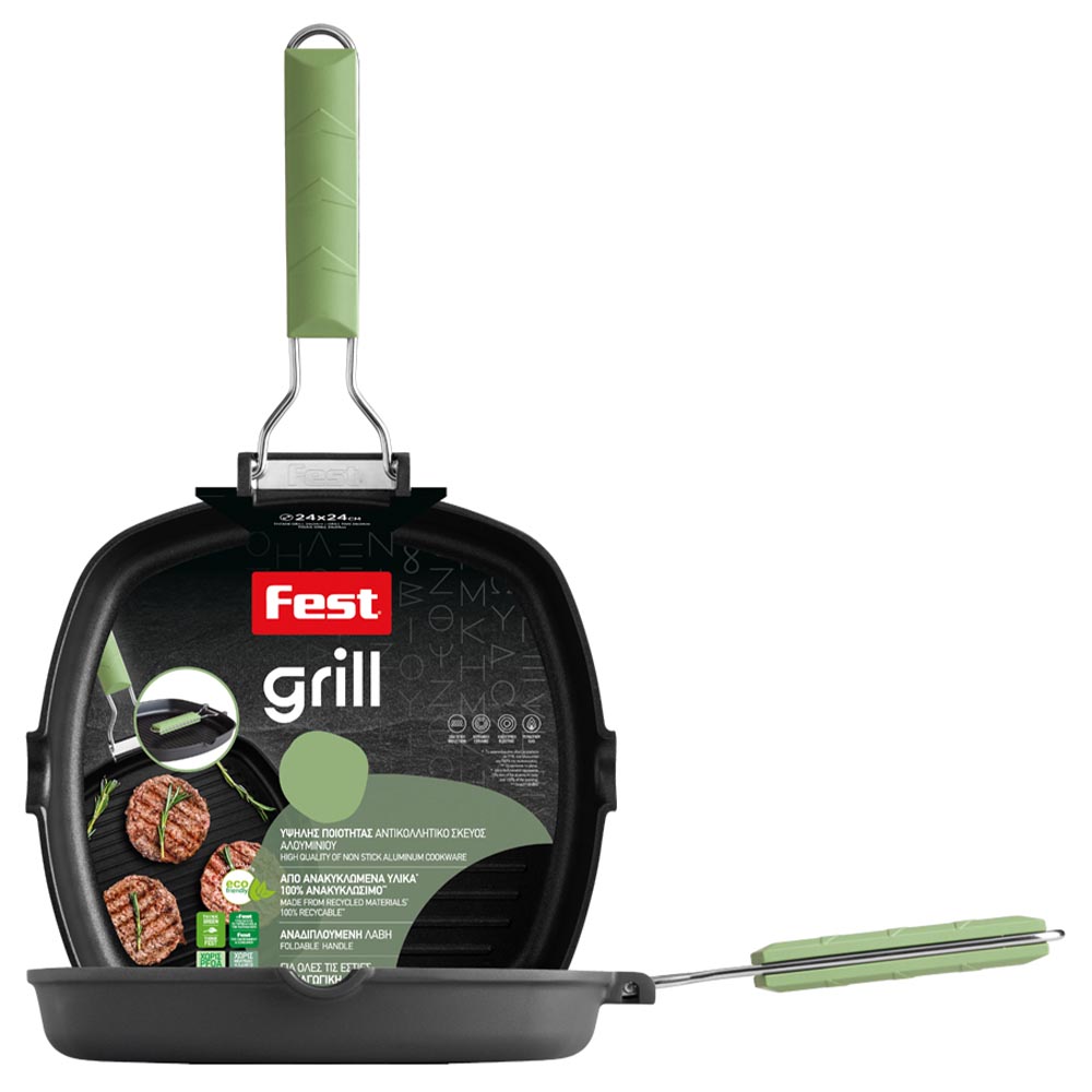 Fest Grill Αντικολλητική Ψηστιέρα Ν.28 με Ραβδώσεις, Αναδιπλούμενη Λαβή & Επαγωγικό Βαρύ Πάτο