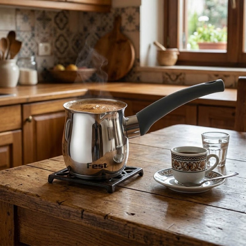 Fest Ανοξείδωτο Μπρίκι 18/10 500ml (έως 5 Φλιτζάνια) με Τριπλό Επαγωγικό Βαρύ Πάτο Αλουμινίου