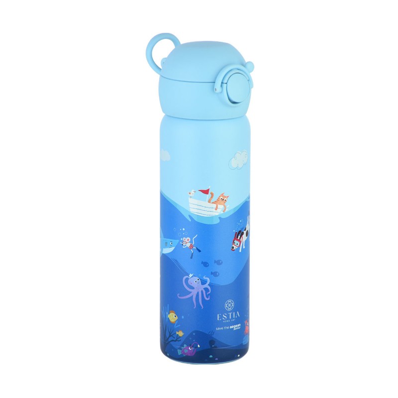 Estia Wonder Bottle Παιδικό Ανοξείδωτο Θερμός 500ml με Καλαμάκι Σιλικόνης, Λαβή Μεταφοράς & Κλιπ Ασφαλείας - Ocean Play