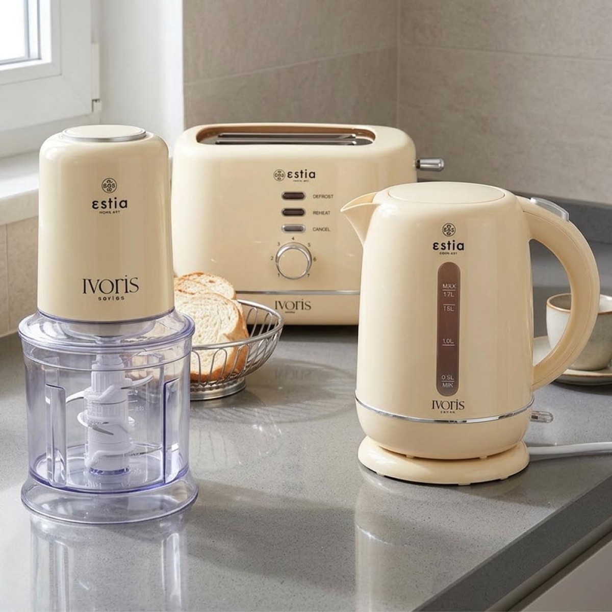 Estia Ivoris Deluxe Σετ 3 Τεμαχίων – Ηλεκτρικός Βραστήρας XL 1.7lt, Φρυγανιέρα 2 Θέσεων 850W & Πολυκόπτης Multi 700ml 400W
