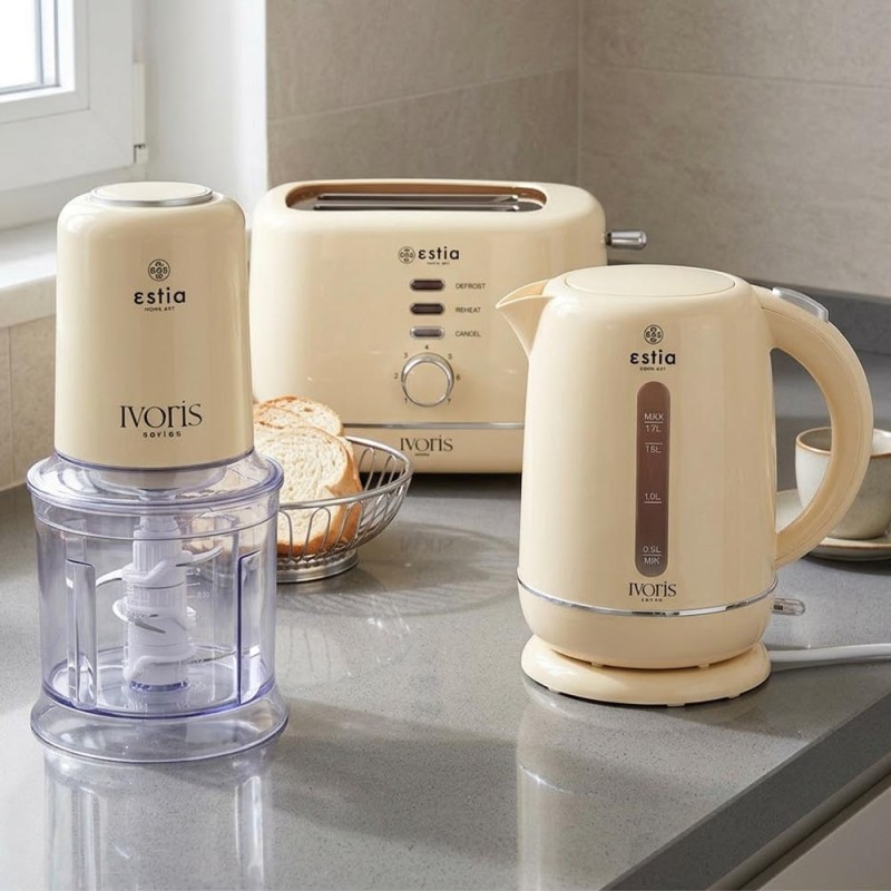 Estia Ivoris Deluxe Σετ 3 Τεμαχίων – Ηλεκτρικός Βραστήρας XL 1.7lt, Φρυγανιέρα 2 Θέσεων 850W & Πολυκόπτης Multi 700ml 400W