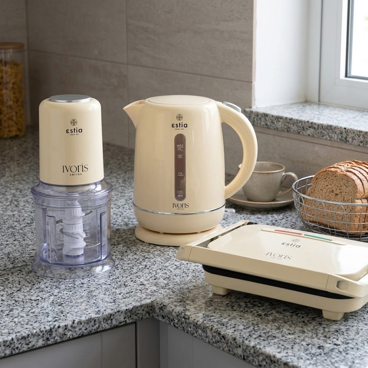 Estia Ivoris Deluxe Σετ 3 Τεμαχίων – Βραστήρας 1.7Lt 2200W, Πολυκόπτης Multi 700ml 400W & Τοστιέρα Grill 1300W
