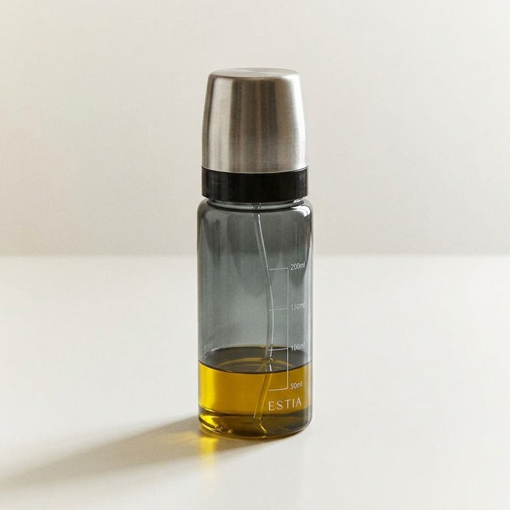 ESTIA Γυάλινο Δοχείο Λαδιού 230ml Γκρι – 2 σε 1 με Στόμιο Ροής & Κεφαλή Ψεκασμού