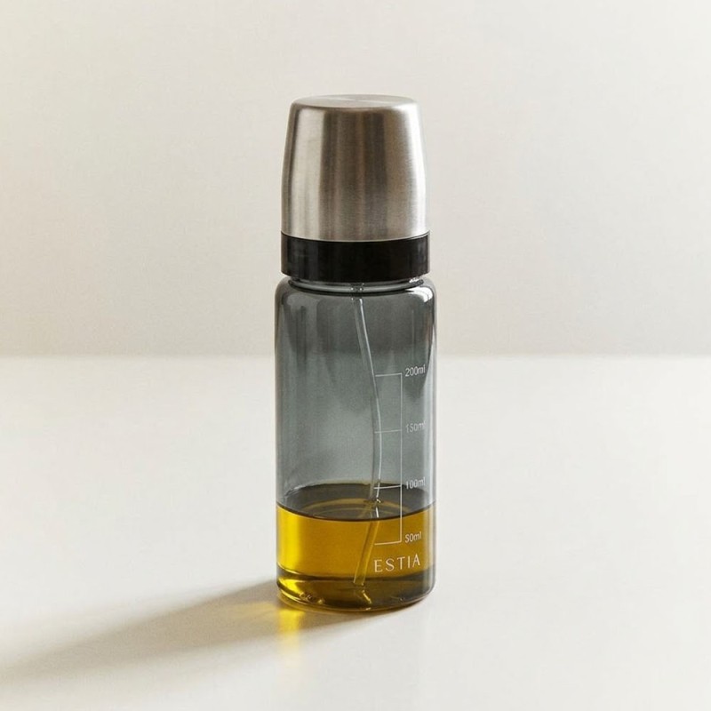ESTIA Γυάλινο Δοχείο Λαδιού 230ml Γκρι – 2 σε 1 με Στόμιο Ροής & Κεφαλή Ψεκασμού