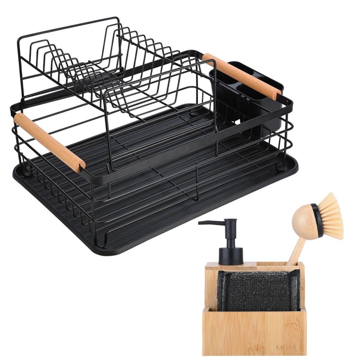 Estia Bamboo Essentials Set: Μεταλλική Πιατοθήκη 2 Επιπέδων & Δοχείο Υγρού Πιάτων με Οργανωτή